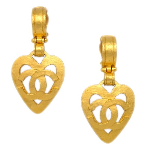 Chanel Dangle Heart Earrings Gold Clip-On 95P Online