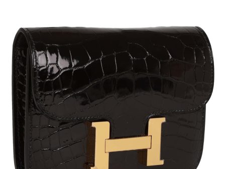 Hermes Constance Slim Wallet Shiny Black Alligator Gold Hardware Cheap