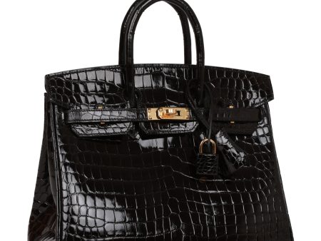 Hermes Birkin 25 Black Shiny Porosus Crocodile Gold Hardware Online now