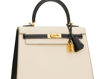 Hermes Kelly 25 Sellier Nata and Black Epsom Gold Hardware on Sale