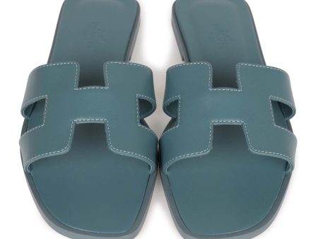 Hermes Oran Sandals Bleu Pinede Calfskin 37 For Cheap