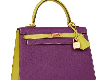 Hermes Kelly 25 Sellier Anemone and Lime Chevre Brushed Gold Hardware For Sale