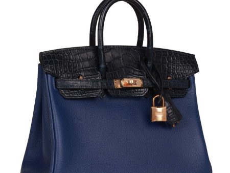 Hermes Birkin 25 Bleu Marine Matte Alligator and Bleu Saphir Novillo Touch Rose Gold Hardware For Sale