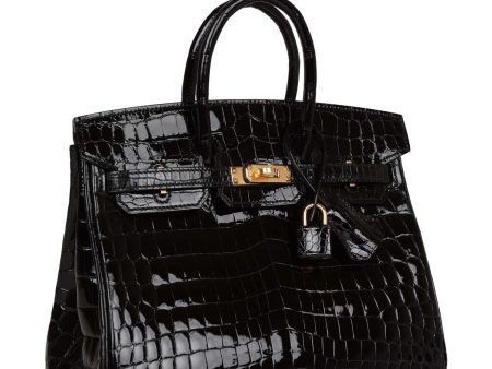 Hermes Birkin 25 Black Shiny Niloticus Crocodile Gold Hardware For Cheap