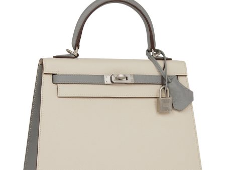 Hermes Kelly 25 Sellier Craie and Gris Mouette Epsom Brushed Palladium Hardware For Cheap