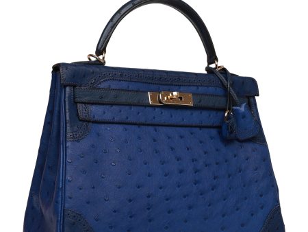 Hermes Ghillies Kelly 32 Retourne Bleu Saphir, Bleu Iris and Bleu de Malte Ostrich Permabrass Hardware Fashion